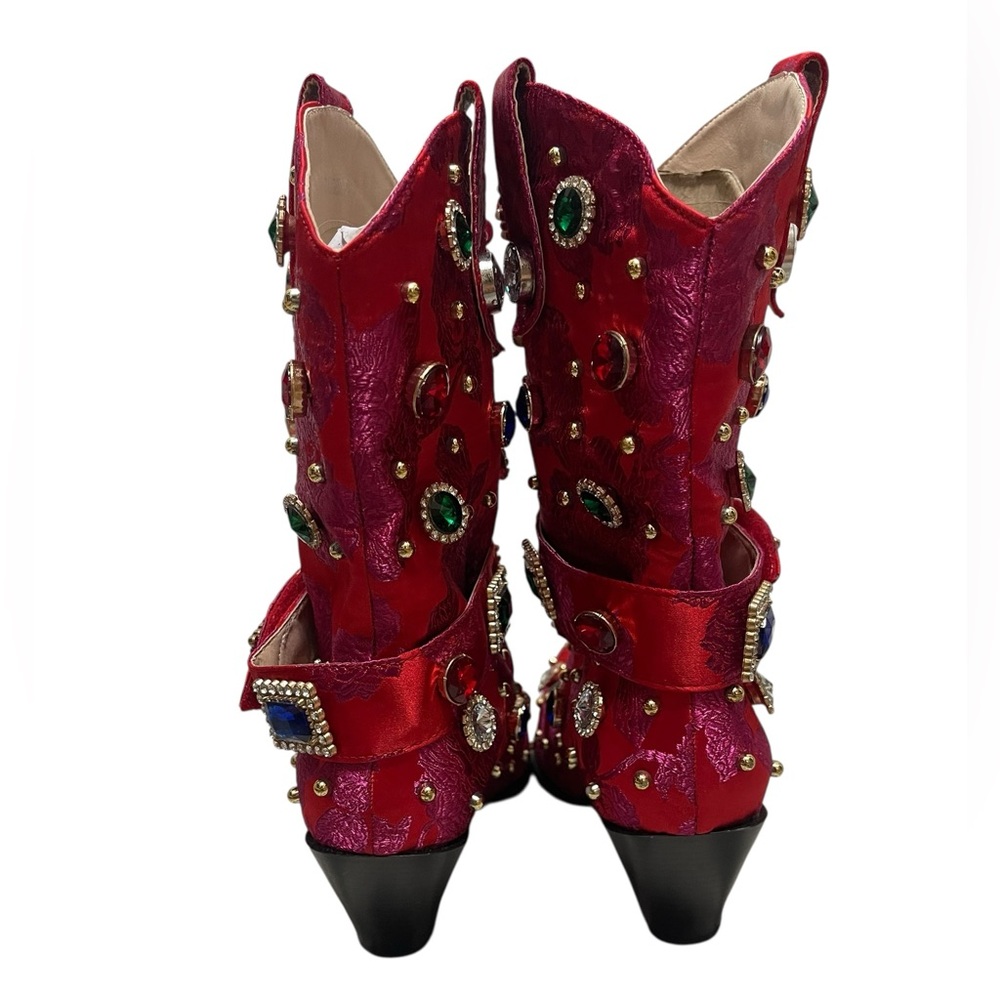 πΌπππNWOT AZALEA WANG DILIGENT RED BROCADE AND GEMS WESTERN BOOTIE. No box - Picture 9 of 15